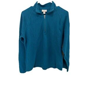 LL Bean Womens Sweater Blue Teal Quarter Zip Long Sleeve Fleece Size M Polyester